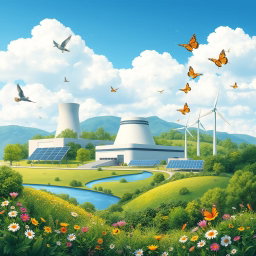 A visually stunning illustration depicting the positive effects of nuclear power plants on the environment