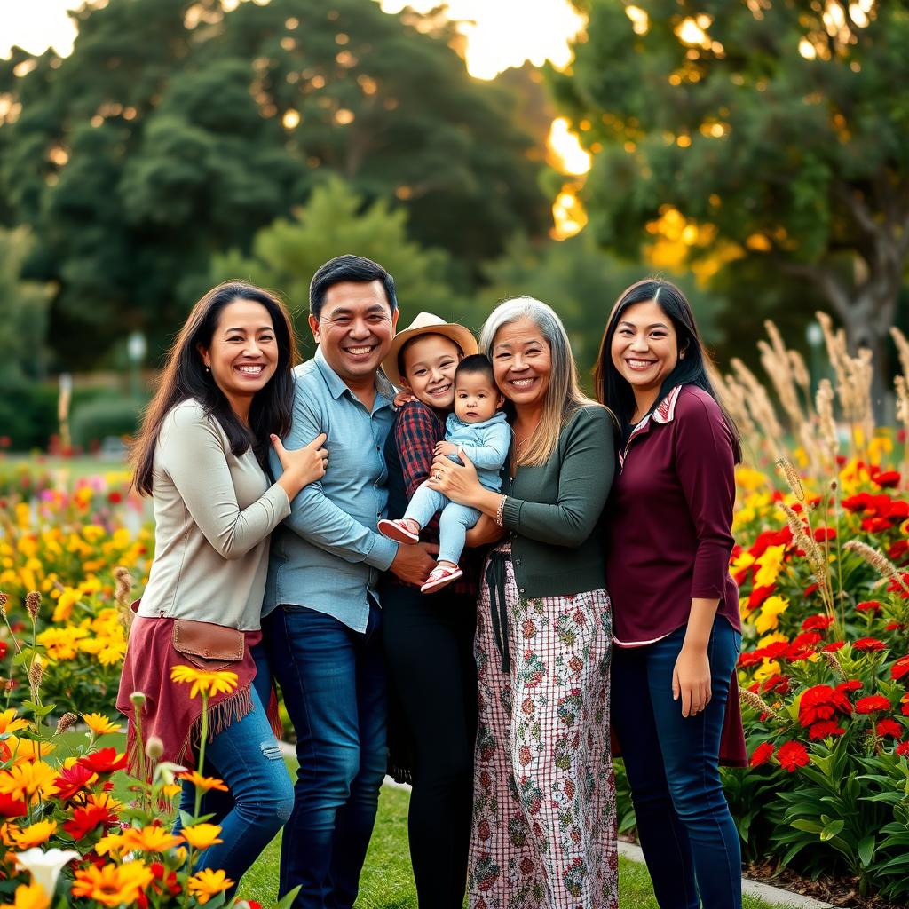 A warm and inviting family portrait featuring the Jarquin Téllez family, smiling and embracing each other in a beautiful outdoor setting, surrounded by lush greenery and colorful flowers