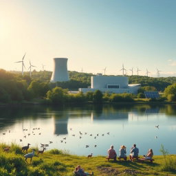 A serene landscape showcasing peaceful applications of nuclear technology, featuring a modern nuclear power plant harmoniously integrated into a lush green environment