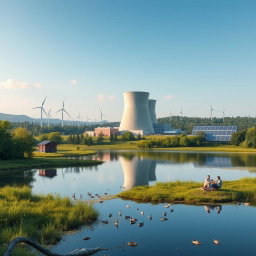 A serene landscape showcasing peaceful applications of nuclear technology, featuring a modern nuclear power plant harmoniously integrated into a lush green environment