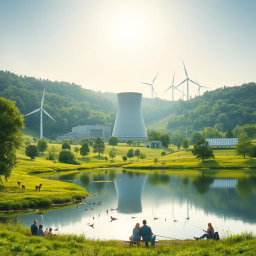 A serene landscape showcasing peaceful applications of nuclear technology, featuring a modern nuclear power plant harmoniously integrated into a lush green environment