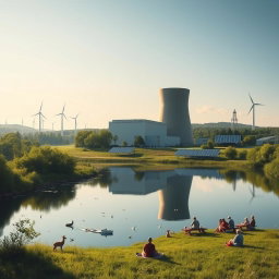 A serene landscape showcasing peaceful applications of nuclear technology, featuring a modern nuclear power plant harmoniously integrated into a lush green environment