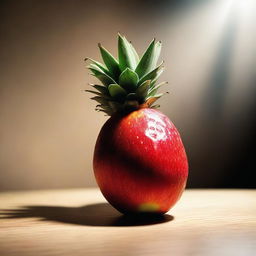 Generate an image of a singular, ripe fruit in the center of a spotlight on a stage caught in an intense, dramatic moment.