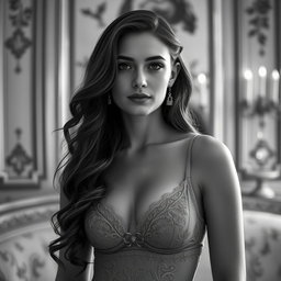 An exquisite black and white portrait of a 20-year-old Baltic duchess, showcasing a blend of royal elegance and sensuality