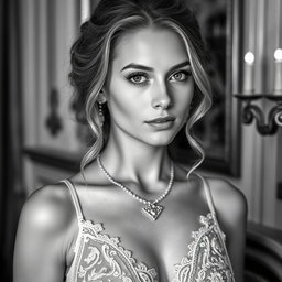 An exquisite black and white portrait of a 20-year-old Baltic duchess, showcasing a blend of royal elegance and sensuality