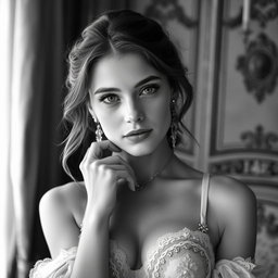 An exquisite black and white portrait of a 20-year-old Baltic duchess, showcasing a blend of royal elegance and sensuality