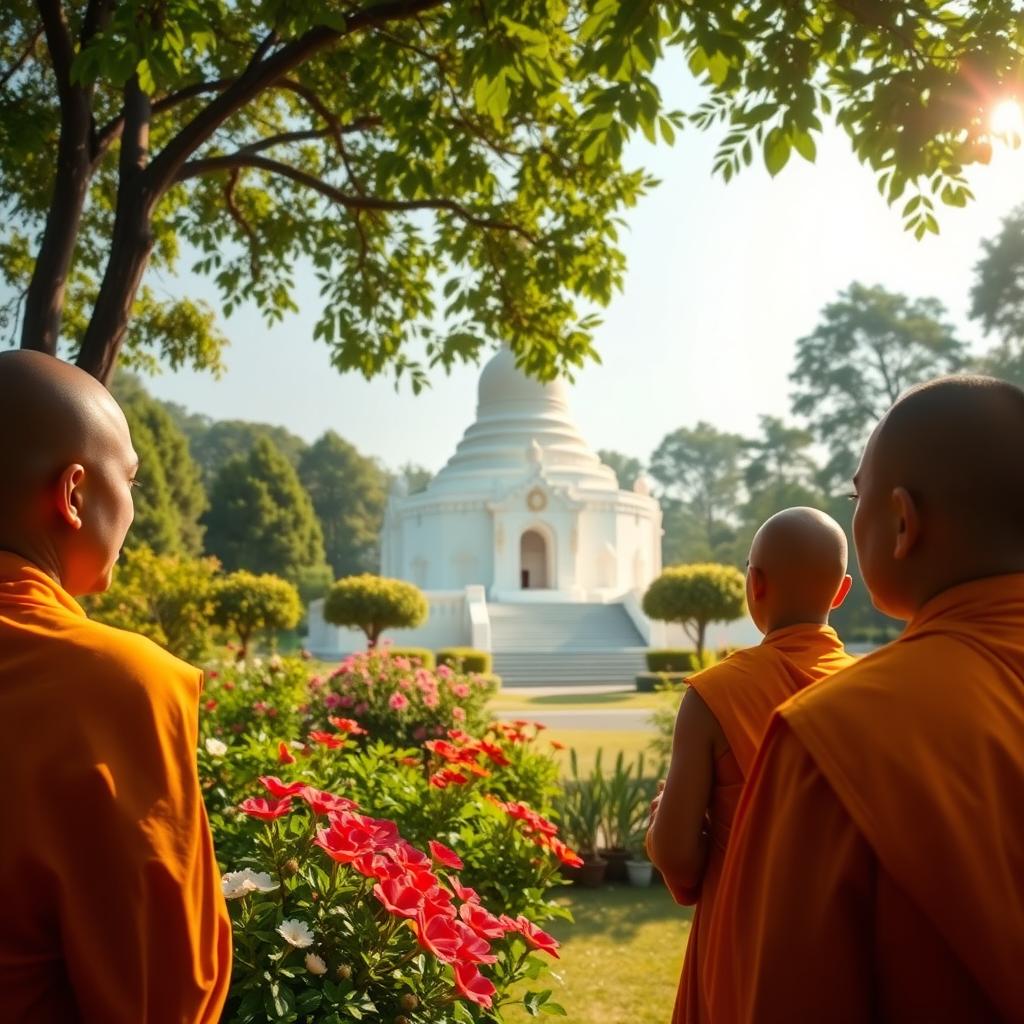 A serene scene featuring a group of Buddhist monks gazing at a white stupa, surrounded by lush greenery and vibrant flowers