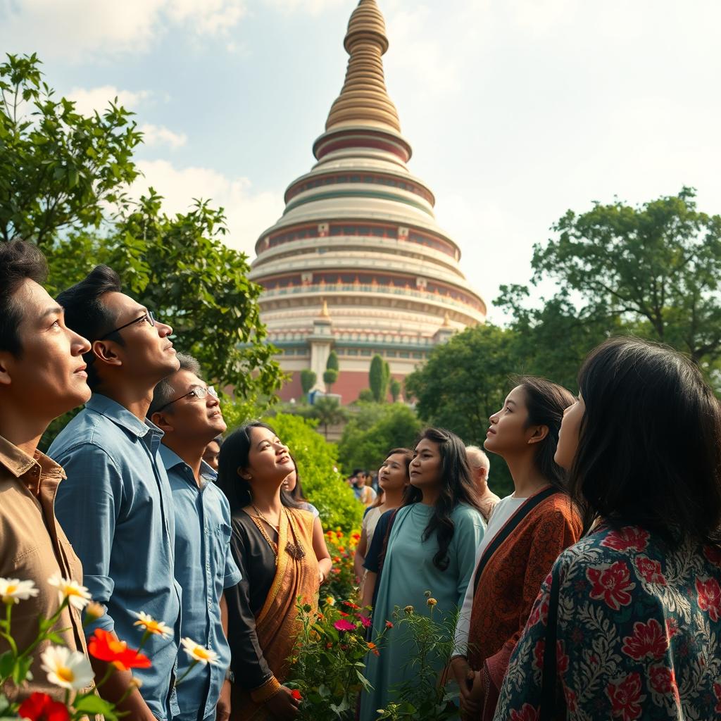 A captivating scene depicting a diverse group of people, including men and women of various ethnicities, standing in awe as they gaze up at a giant stupa