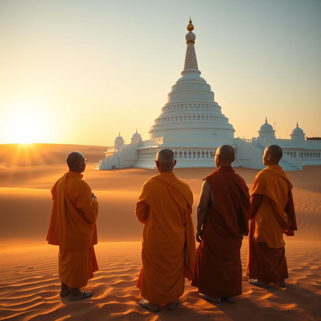 A tranquil scene of several Buddhist monks, adorned in traditional saffron robes, standing in serene contemplation as they gaze at a large white stupa made of intricate stonework