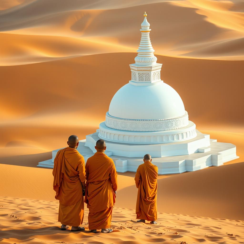 A tranquil scene depicting a group of Buddhist monks in saffron robes standing together in contemplation, gazing at a massive white stupa surrounded by expansive golden desert sands