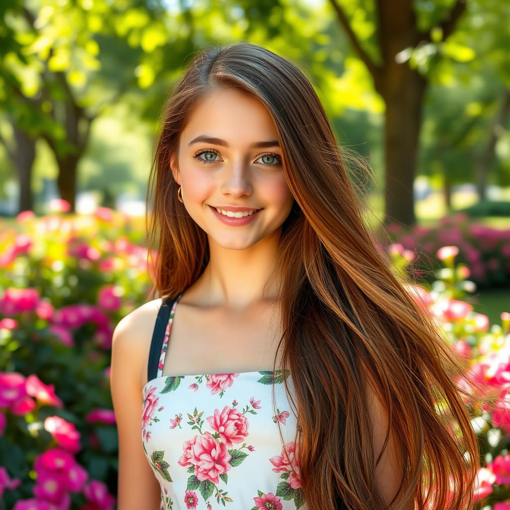 A beautiful 18-year-old girl with long flowing chestnut hair, bright green eyes, and a warm smile