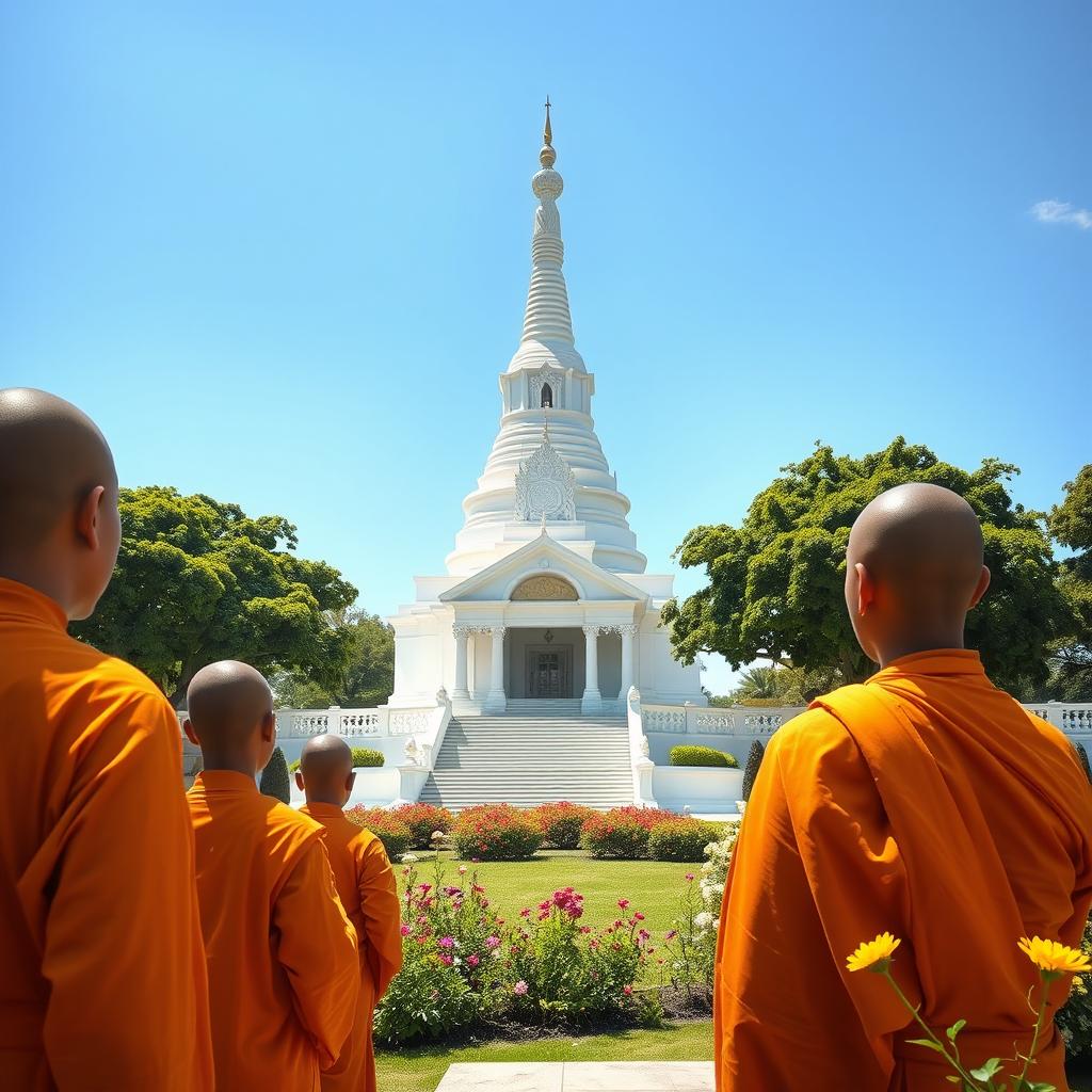 A serene scene featuring a group of monks gazing towards a white stupa