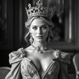 A stunning black and white portrait of a 20-year-old Baltic duchess proudly wearing a magnificent crown that signifies her royal heritage