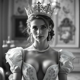 A stunning black and white portrait of a 20-year-old Baltic duchess proudly wearing a magnificent crown that signifies her royal heritage
