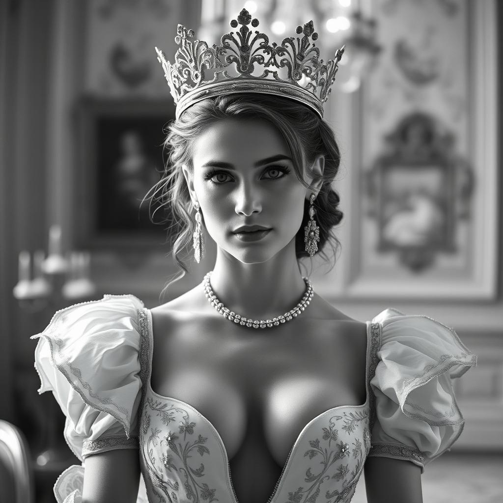 A stunning black and white portrait of a 20-year-old Baltic duchess proudly wearing a magnificent crown that signifies her royal heritage