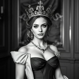 A stunning black and white portrait of a 20-year-old Baltic duchess proudly wearing a magnificent crown that signifies her royal heritage