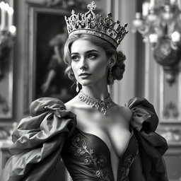 A stunning black and white portrait of a 20-year-old Baltic duchess proudly wearing a magnificent crown that signifies her royal heritage