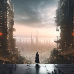 An ultra-detailed image of a mysterious woman approaching a vast, awe-inspiring cityscape that exudes an air of limitless potential.