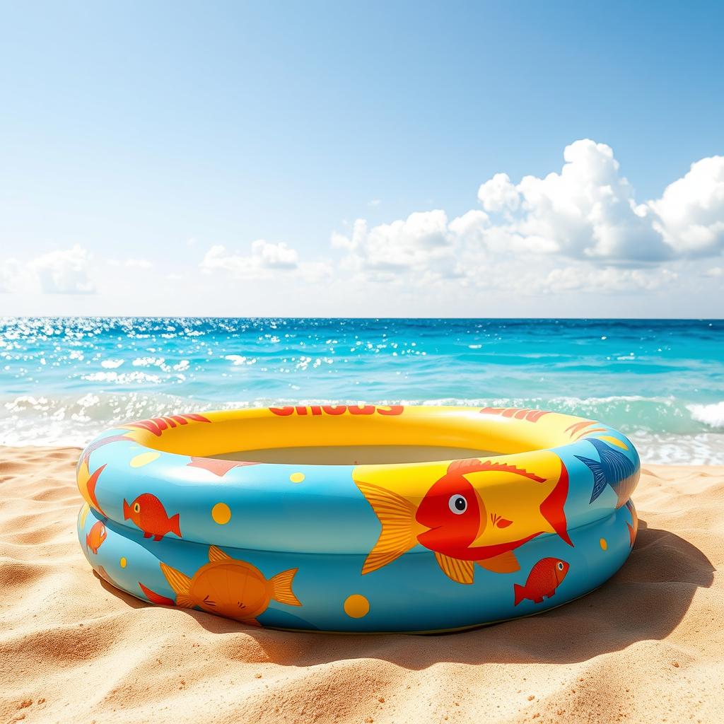 A vibrant, inflatable rubber pool with a playful design featuring colorful fishes, in shades of yellow, red, and blue
