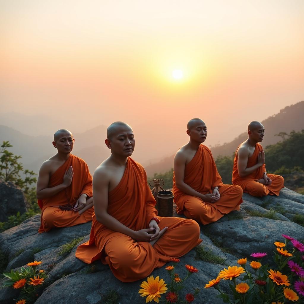 A traditional scene depicting several revered Buddhist monks engaged in meditation, sitting cross-legged on a serene mountaintop surrounded by lush greenery and vibrant flowers