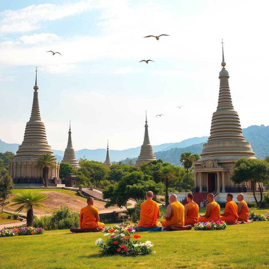 A serene and beautiful landscape featuring several prominent Buddhist stupas with ornate architecture, surrounded by lush greenery and a clear blue sky