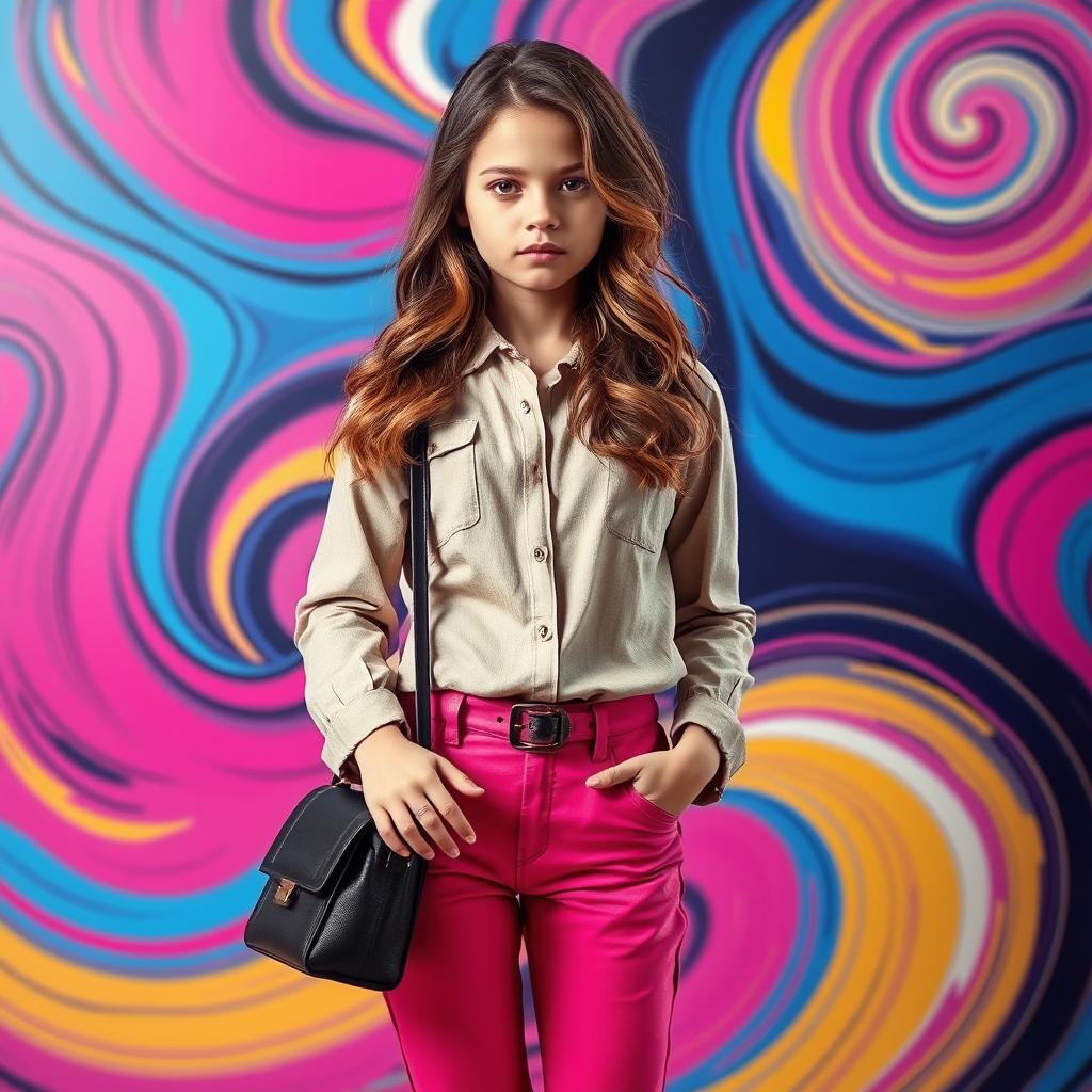 A girl standing confidently in a stylish outfit, with a neutral expression, against a vibrant and colorful abstract background