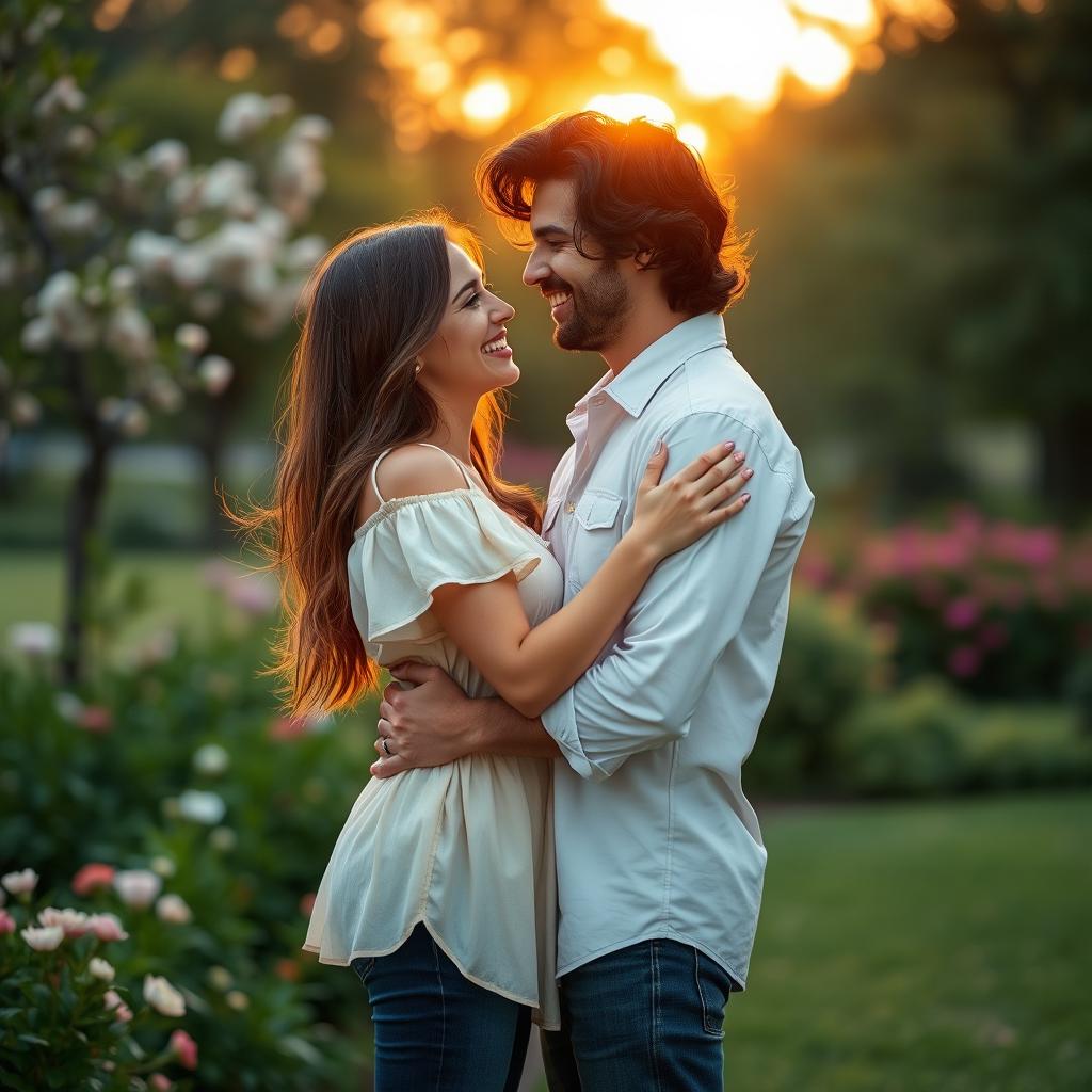 A loving couple embracing in a serene park during sunset, surrounded by blooming flowers and lush greenery