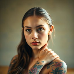 A portrait of a teenage girl inspired by the classic Mona Lisa, featuring vibrant tattoos on her arms and shoulders