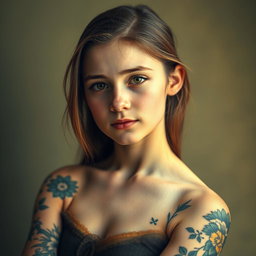 A portrait of a teenage girl inspired by the classic Mona Lisa, featuring vibrant tattoos on her arms and shoulders