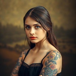 A portrait of a teenage girl inspired by the classic Mona Lisa, featuring vibrant tattoos on her arms and shoulders