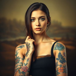 A portrait of a teenage girl inspired by the classic Mona Lisa, featuring vibrant tattoos on her arms and shoulders