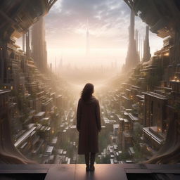 An ultra-detailed image of a mysterious woman approaching a vast, awe-inspiring cityscape that exudes an air of limitless potential.