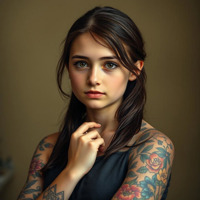 A portrait of a teenage girl inspired by the classic Mona Lisa, featuring various colorful tattoos elegantly wrapping around her arms and shoulders