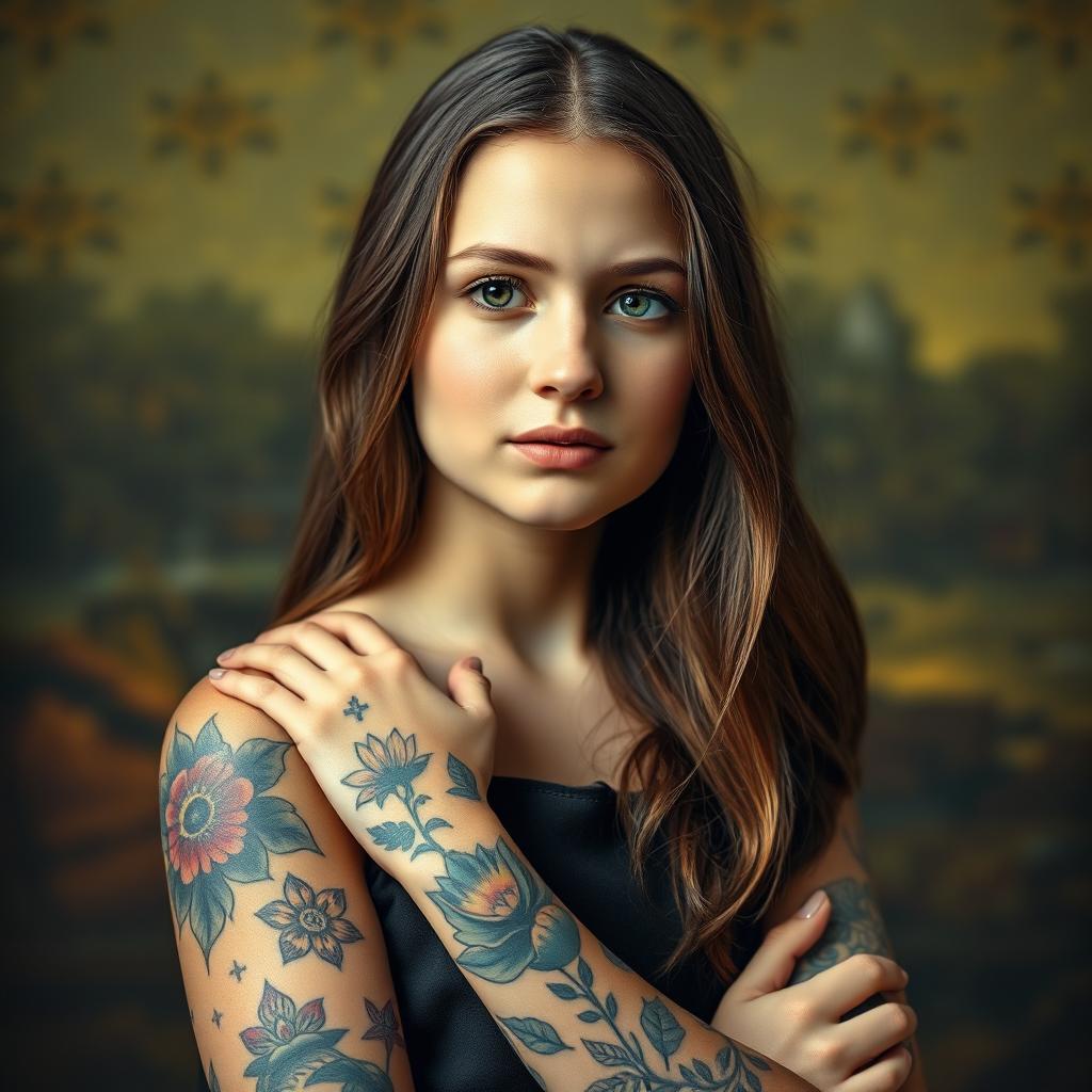 A portrait of a teenage girl inspired by the classic Mona Lisa, featuring various colorful tattoos elegantly wrapping around her arms and shoulders