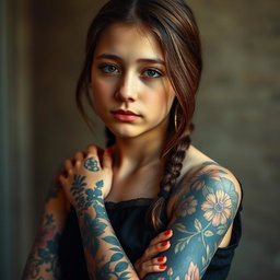 A portrait of a teenage girl inspired by the classic Mona Lisa, featuring various colorful tattoos elegantly wrapping around her arms and shoulders