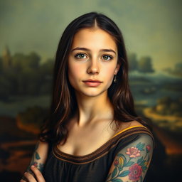 A portrait of a teenage girl inspired by the classic Mona Lisa, featuring various colorful tattoos elegantly wrapping around her arms and shoulders