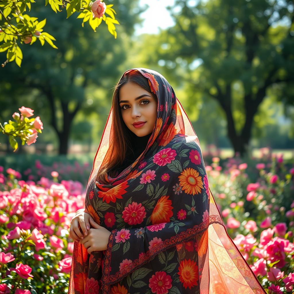 a young woman in a beautiful outdoor setting surrounded by blooming flowers and lush green trees, wearing a vibrant, floral chador that elegantly drapes around her, capturing the essence of nature's beauty and her gracefulness, the sunlight filtering through the leaves creates a magical atmosphere, showcasing the vivid colors of the flowers and the intricate patterns of the chador
