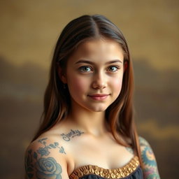 A portrait of a teenage girl inspired by the classic Mona Lisa, featuring intricate and colorful tattoos adorning her arms and shoulders