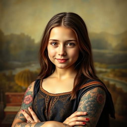 A portrait of a teenage girl inspired by the classic Mona Lisa, featuring intricate and colorful tattoos adorning her arms and shoulders