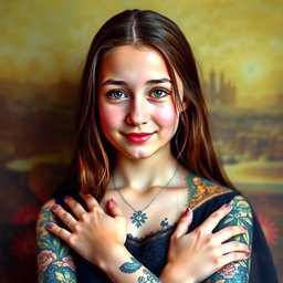 A portrait of a teenage girl inspired by the classic Mona Lisa, featuring intricate and colorful tattoos adorning her arms and shoulders