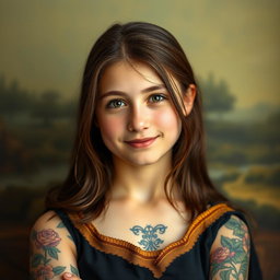 A portrait of a teenage girl inspired by the classic Mona Lisa, featuring intricate and colorful tattoos adorning her arms and shoulders