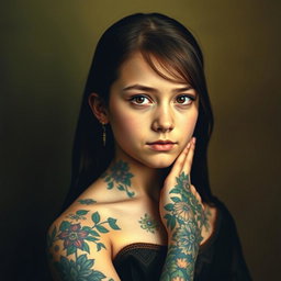 A portrait of a teenage girl inspired by the classic Mona Lisa, featuring vivid and artistic tattoos adorning her arms and shoulders