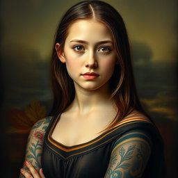 A portrait of a teenage girl inspired by the classic Mona Lisa, featuring vivid and artistic tattoos adorning her arms and shoulders