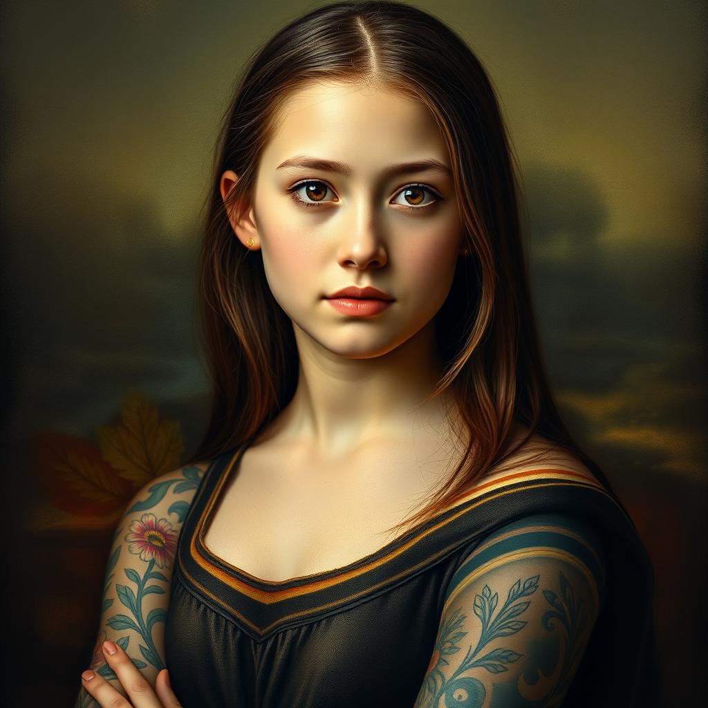 A portrait of a teenage girl inspired by the classic Mona Lisa, featuring vivid and artistic tattoos adorning her arms and shoulders
