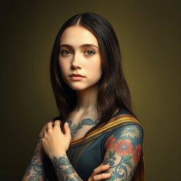 A portrait of a teenage girl inspired by the classic Mona Lisa, featuring vivid and artistic tattoos adorning her arms and shoulders