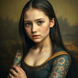 A portrait of a teenage girl inspired by the classic Mona Lisa, featuring vivid and artistic tattoos adorning her arms and shoulders