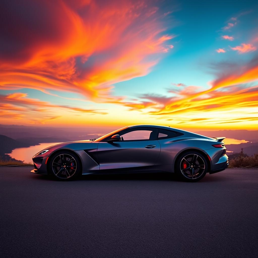 A fusion of a sleek, modern sports car prominently displayed against a breathtaking, vibrant sunset backdrop