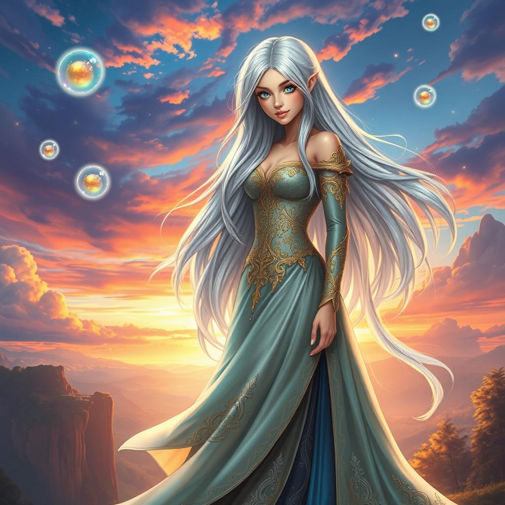 A beautiful fantasy character named Shishona, with long, flowing silver hair and striking turquoise eyes