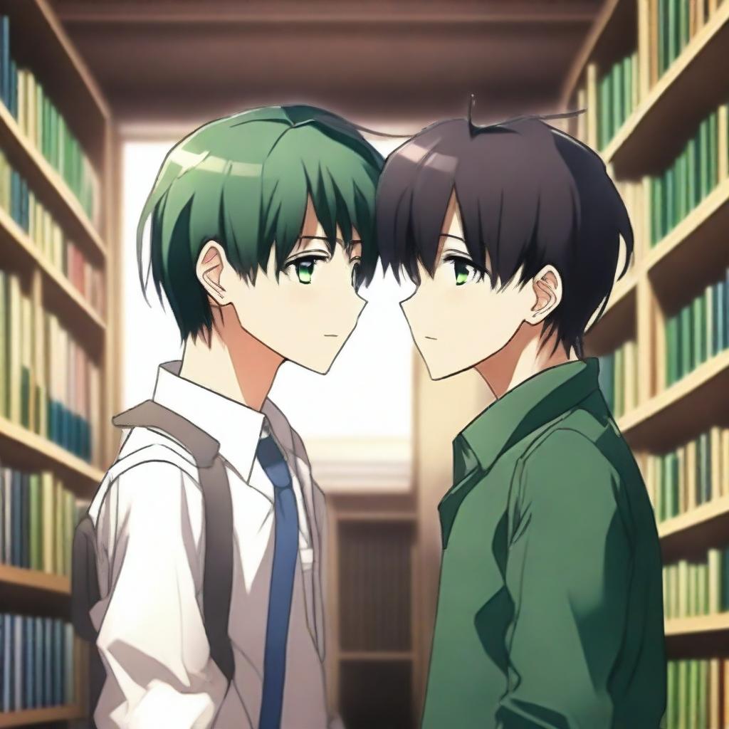 A high-quality 3D digital art image presents a romantic encounter between two anime-style high school boys in a library