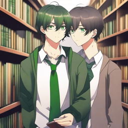 A high-quality 3D digital art image presents a romantic encounter between two anime-style high school boys in a library